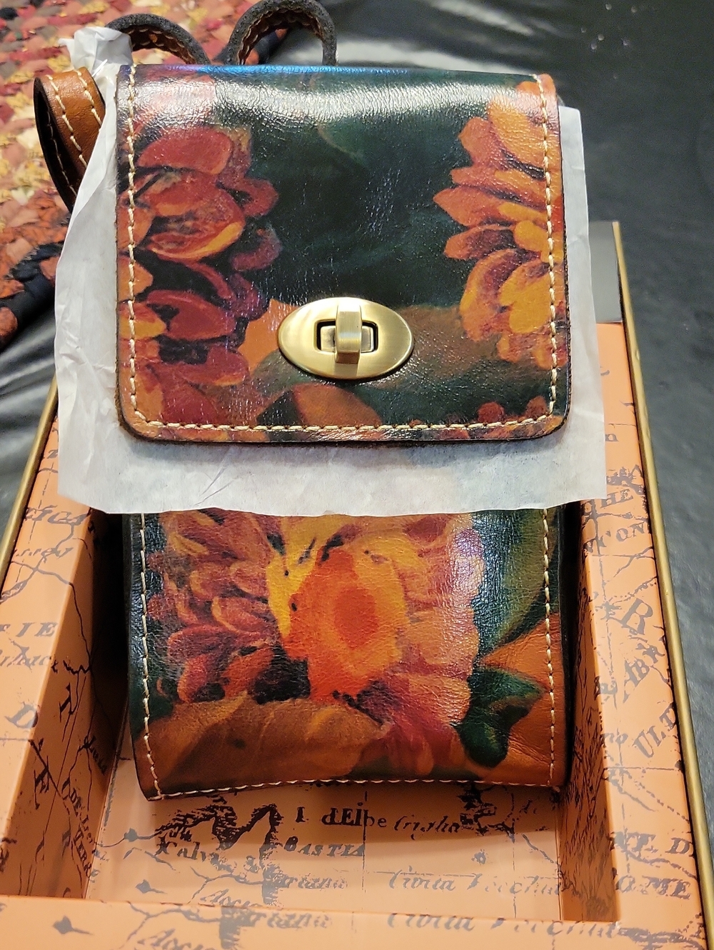 Patricia Nash Green Floral Leather Crossbody with Gold Turnlock